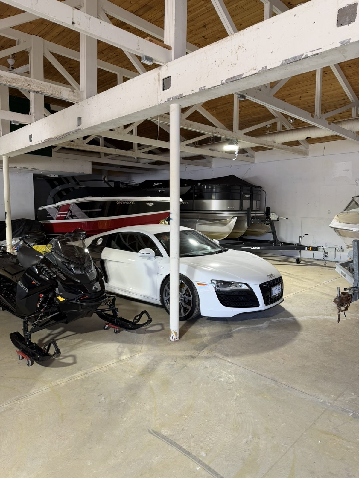 Boats and vehicles stored inside the Boatworks indoor storage building
